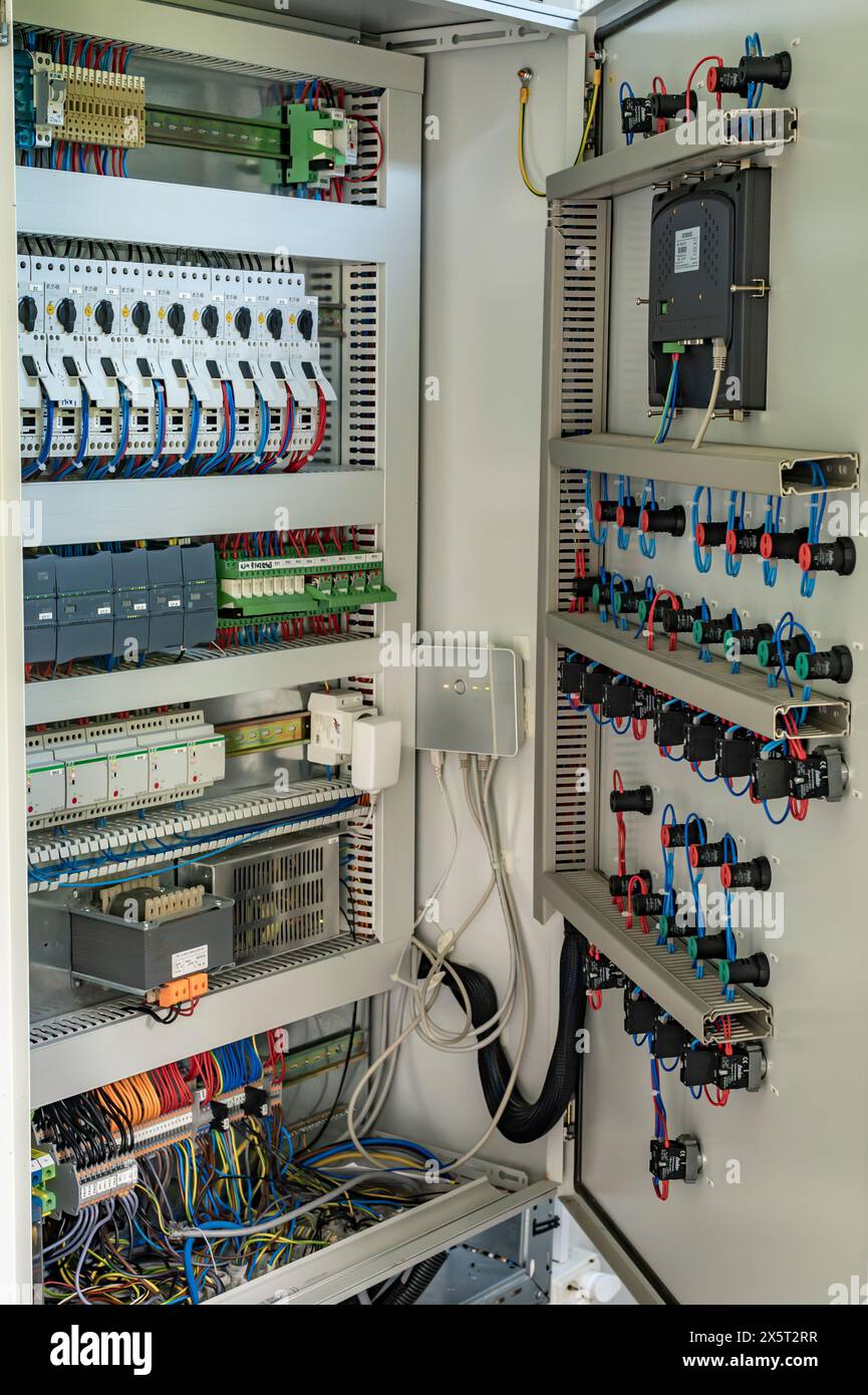 Orastioara de Sus, Hunedoara, Romania, May 10, 2024, opened automated control panel, with fuses, switches, connections for a domestic water treatment Stock Photo