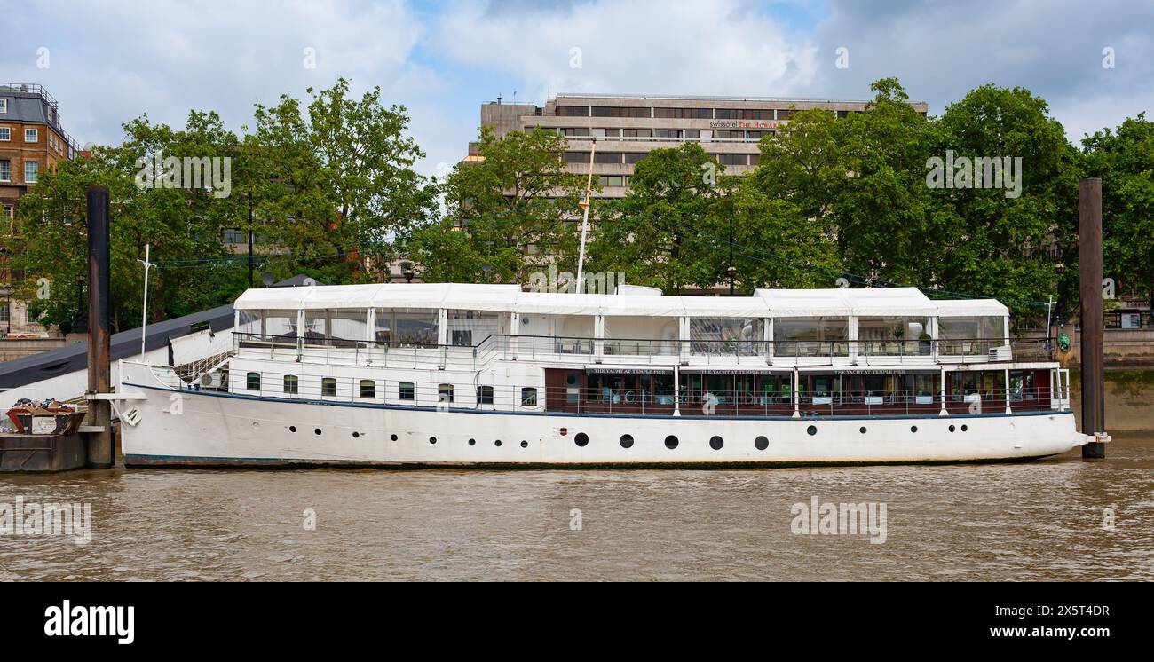 London, United Kingdom - June 30, 2010 : The Yacht at Temple Pier. Bar and function ship moored on River Thames. Stock Photo