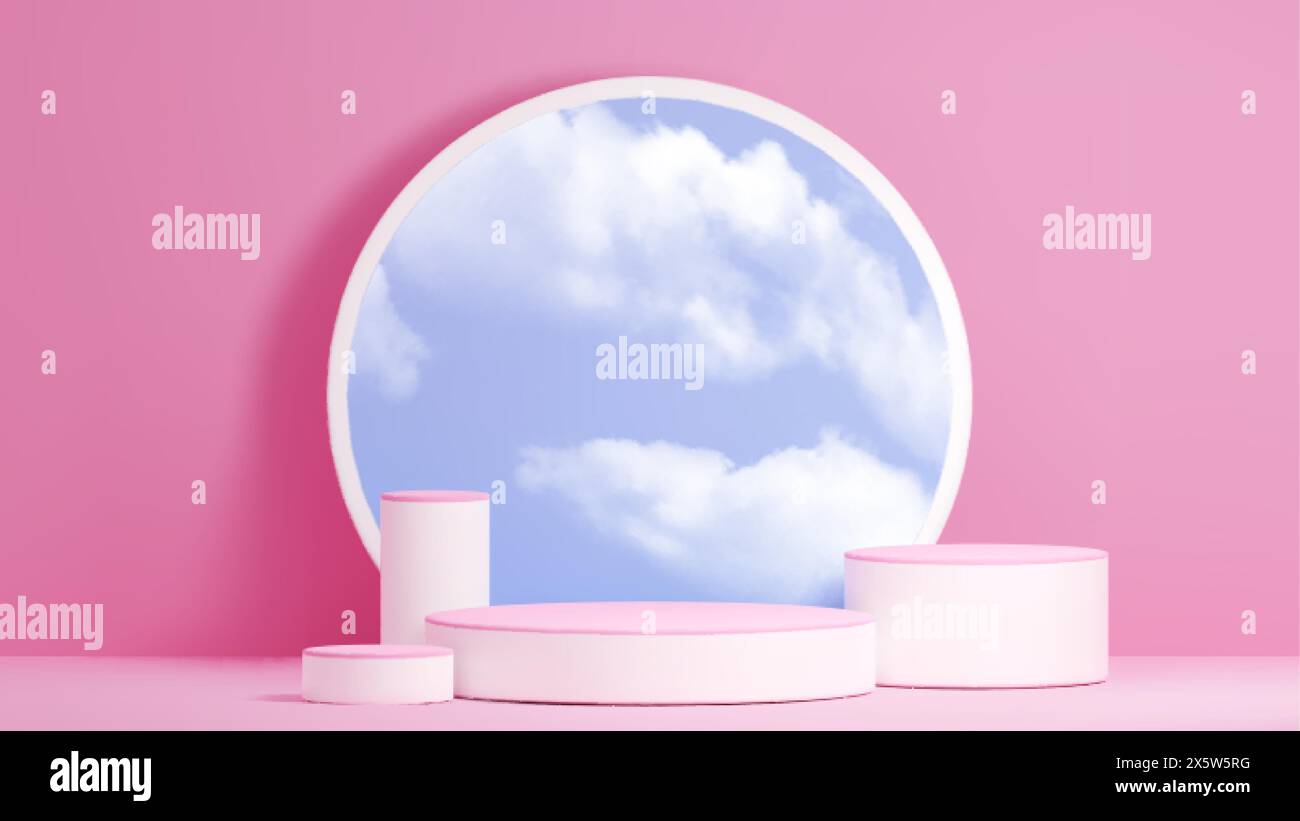 Cylinder product podium steps mockup with clouds on sky in round mirror ...
