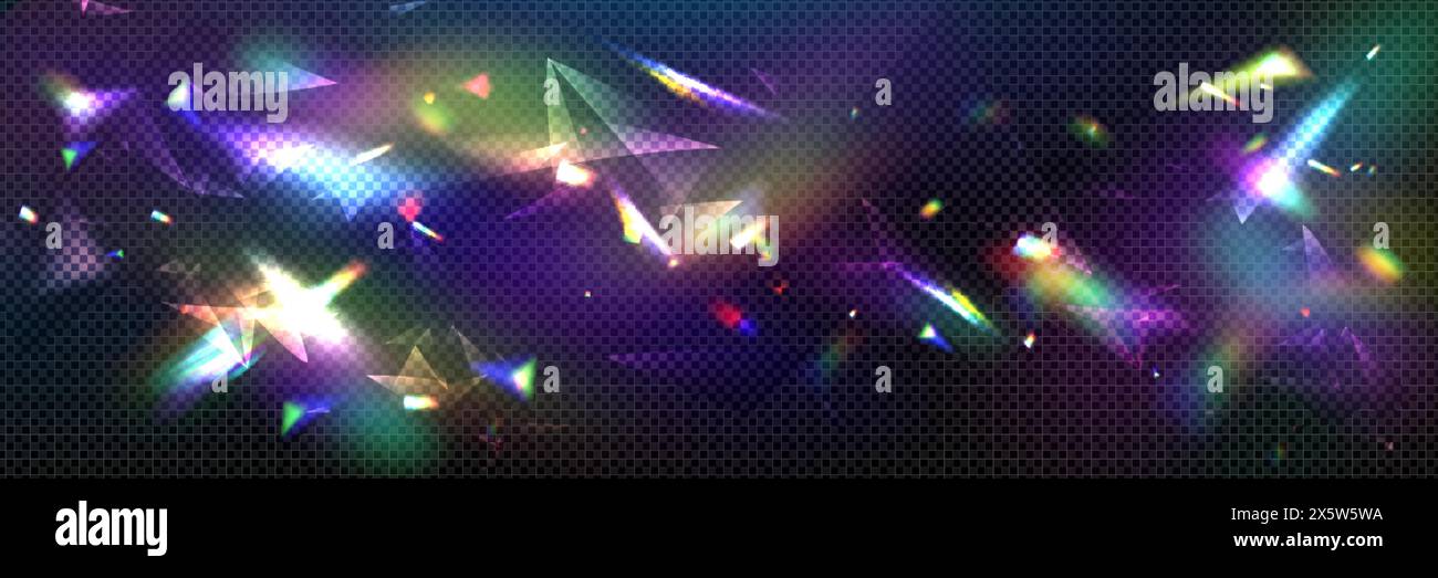 Diamond light and rainbow prism flare glass effect. Crystal shine and glow with abstract iridescent spectrum overlay. 3d glitter spark filter with neo Stock Vector