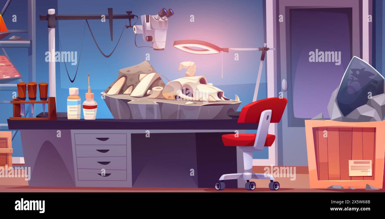 Fossil lab interior with research tools and exhibits under study. Paleontology cabinet inside with dinosaur bones on table under magnifier. Cartoon ve Stock Vector