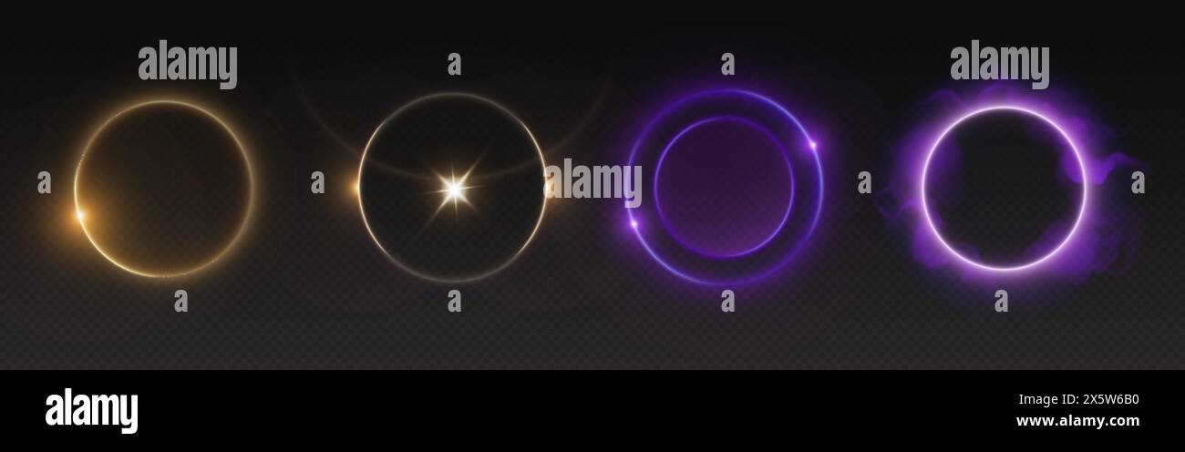 Circle halo light with overlay effect on transparent background. Realistic 3d vector illustration set of yellow and purple neon glow ring with sparkle Stock Vector