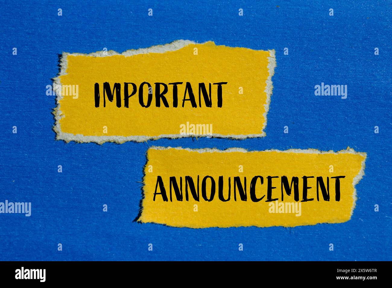 Important announcement words written on ripped yellow paper pieces with blue background. Conceptual important announcement symbol. Copy space. Stock Photo