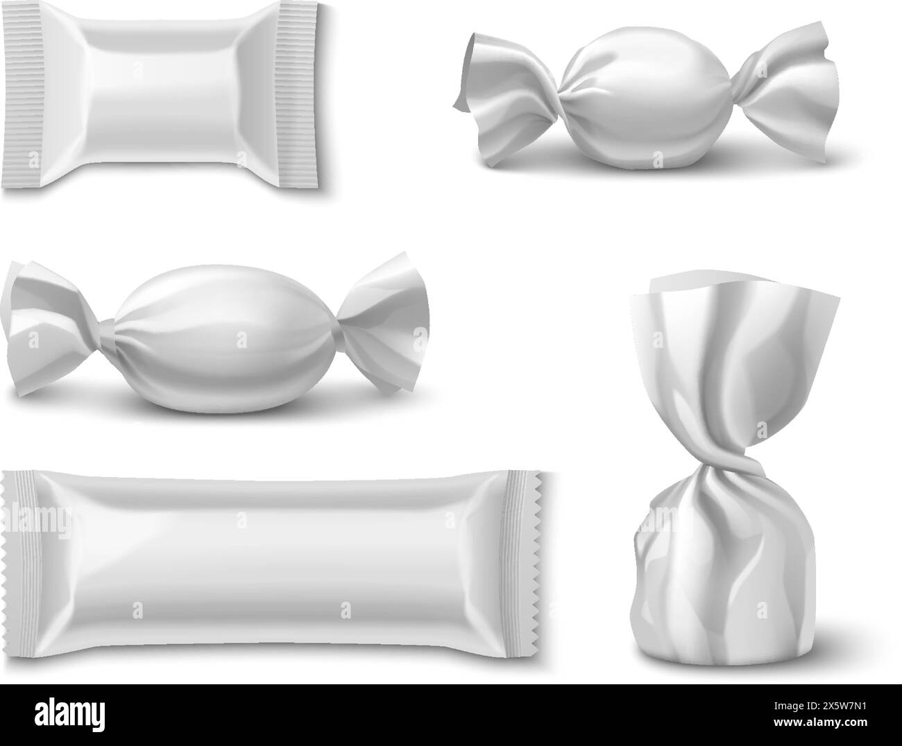 3d sweet chocolate candy wrapper package mockup. Blank white realistic twist pack wrap for bar, bonbon, biscuit or caramel confectionery merchandise d Stock Vector