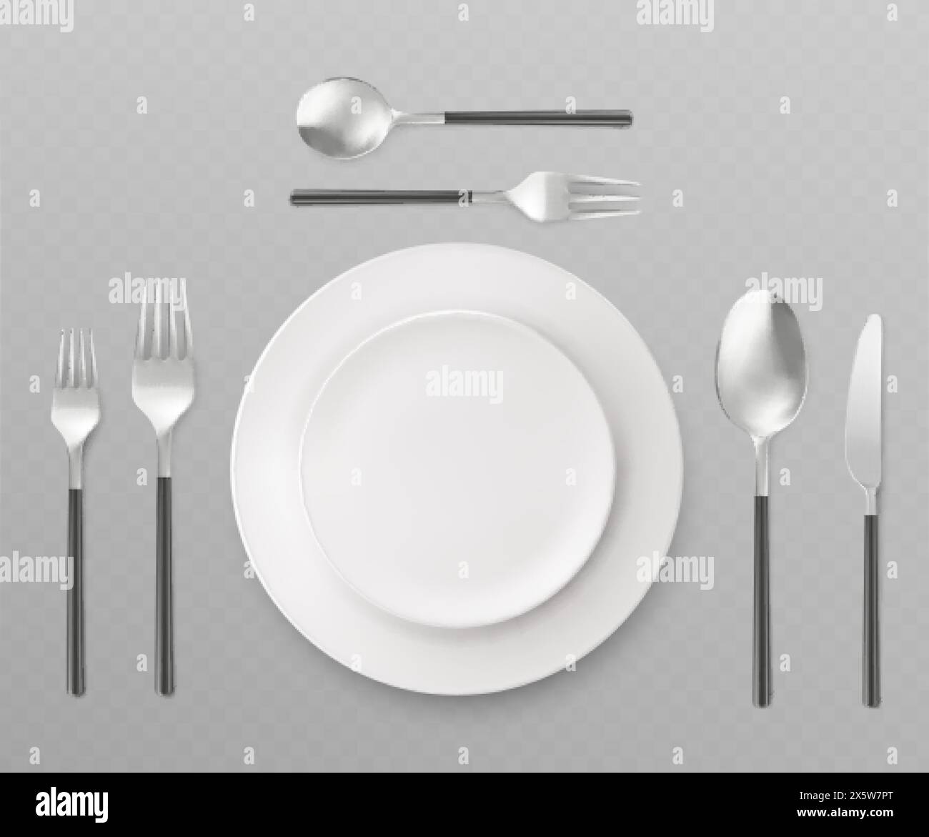 3d plate with cutlery top view. Realistic vector illustration set of kitchen or restaurant tableware - two white porcelain platters, knife, forks and Stock Vector