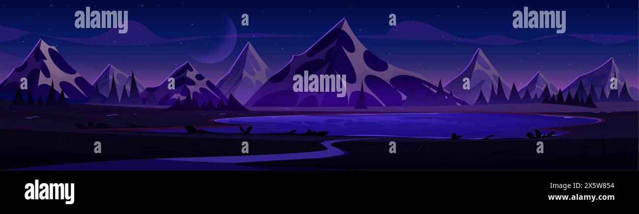 Night mountains landscape with lake or river, dark starry sky. Cartoon vector illustration of panoramic dusk midnight scenery with high rocky hill pea Stock Vector