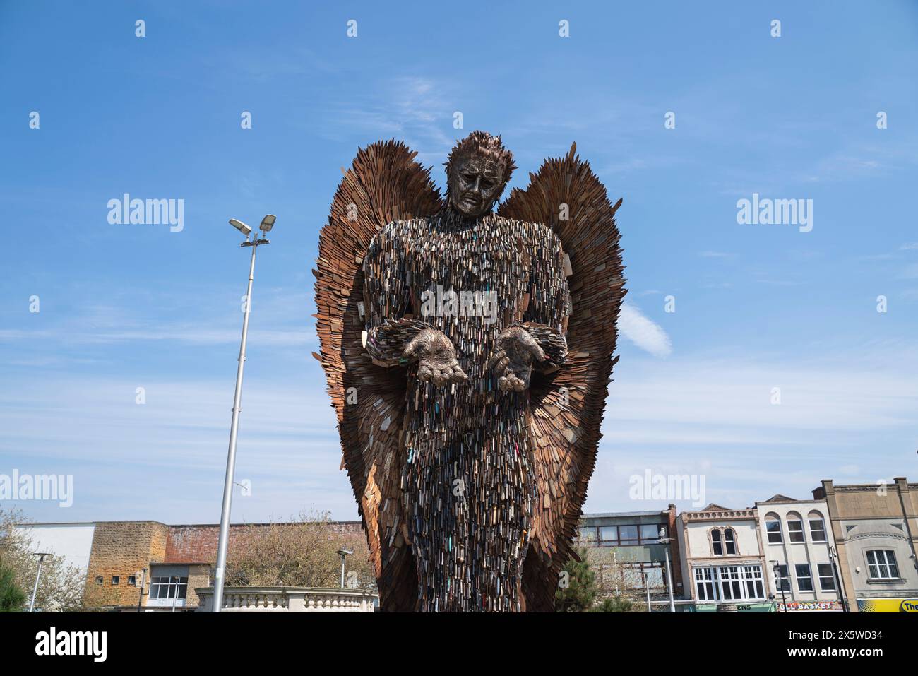 The Knife Angel, a sculpture created by artist Alfie Bradley and formed of 100,000 knives, on display in Weston-super-Mare, North Somerset. Also know as the National Monument Against Violence & Aggression, the angel was created to highlight knife crime in the UK. Stock Photo