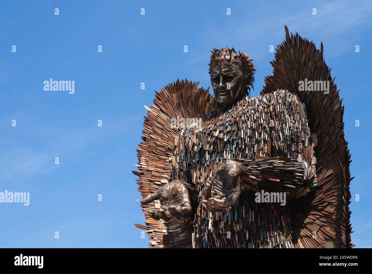 The Knife Angel, a sculpture created by artist Alfie Bradley and formed of 100,000 knives, on display in Weston-super-Mare, North Somerset. Also know as the National Monument Against Violence & Aggression, the angel was created to highlight knife crime in the UK. Stock Photo