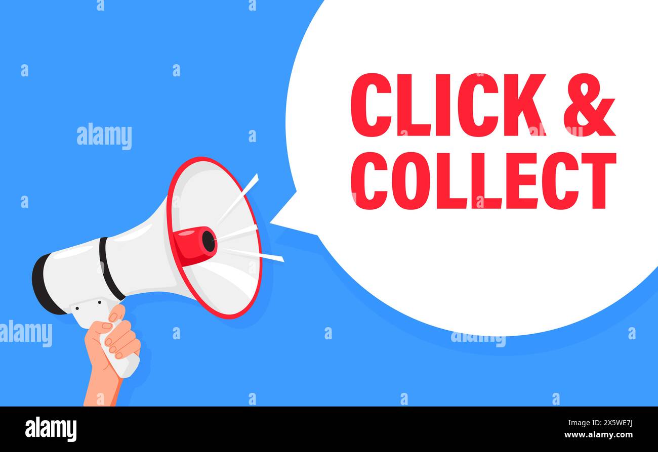 Click and collect. Hand hold megaphone speaker for announce. Attention