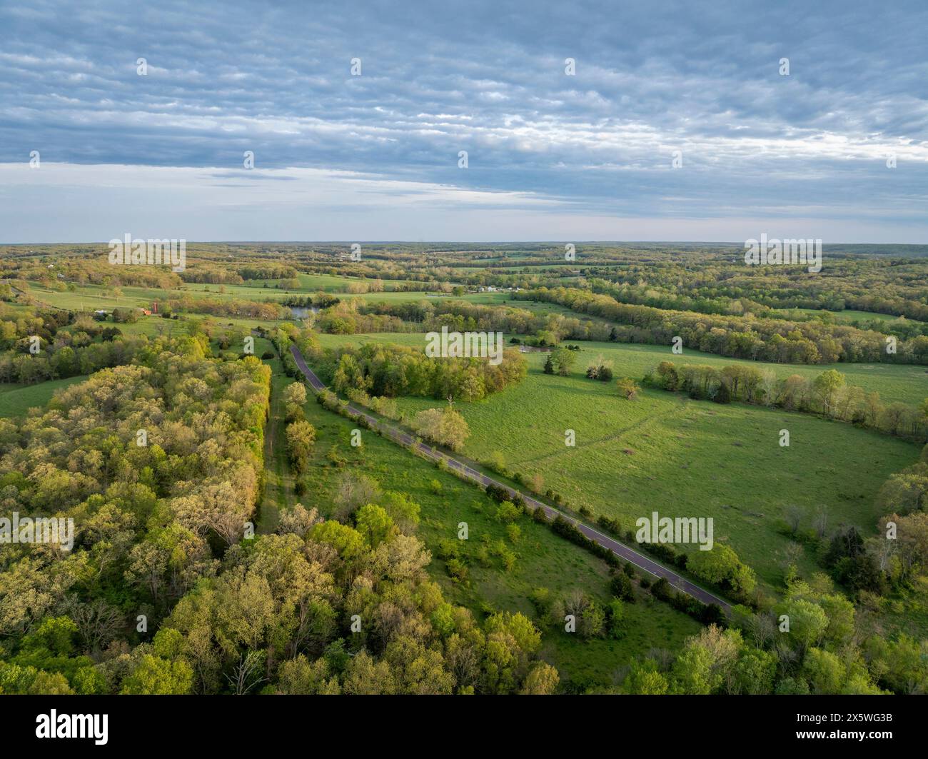 Missouri countryside along the Bourbeuse River new Rosebud, springtime aerial view Stock Photo