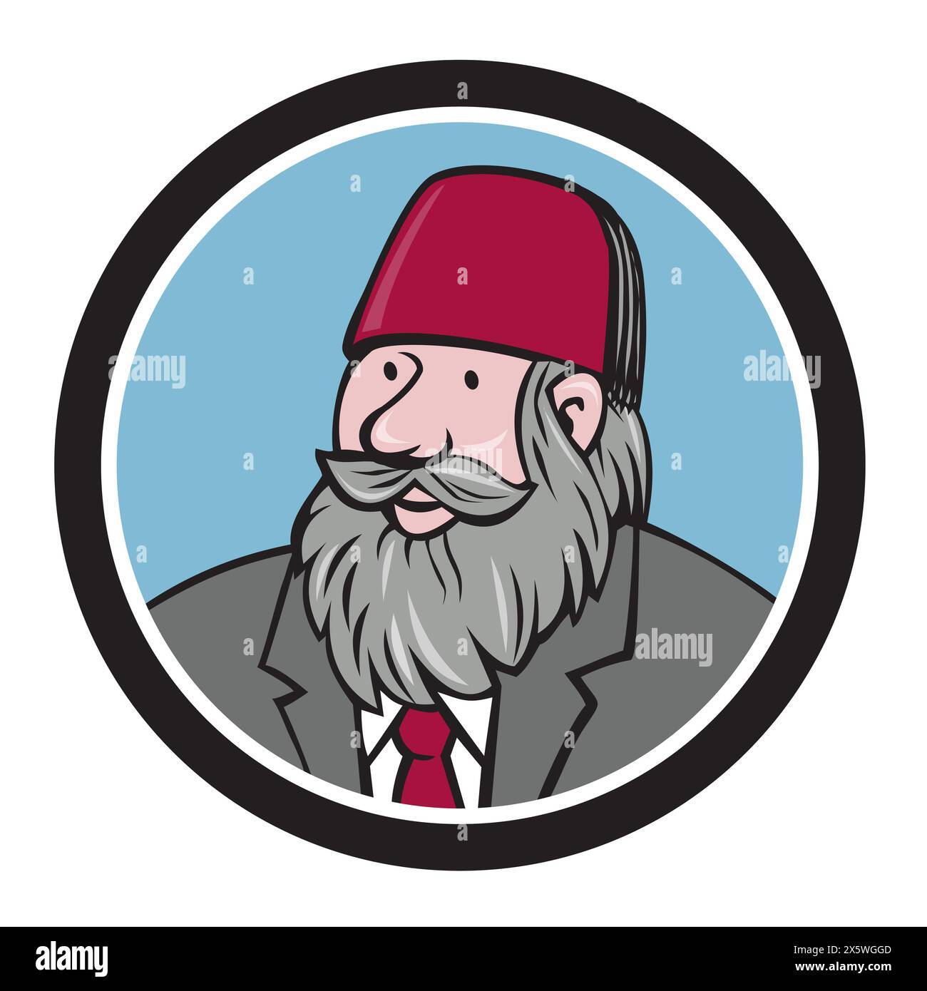 Illustration of a bust of man with beard wearing maroon fez hat and suit looking to the side viewed from front set inside circle done in cartoon style Stock Vector