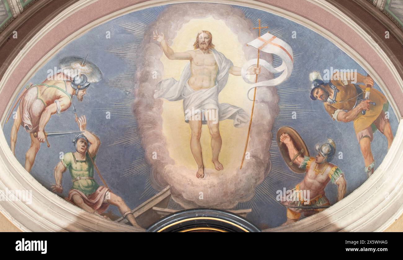 MILAN, ITALY - MARCH 6, 2024: The Resurrection of Jesus fresco in the apse of church Chiesa di Santa Maria della Passione probababyl by Carlo Urbino Stock Photo