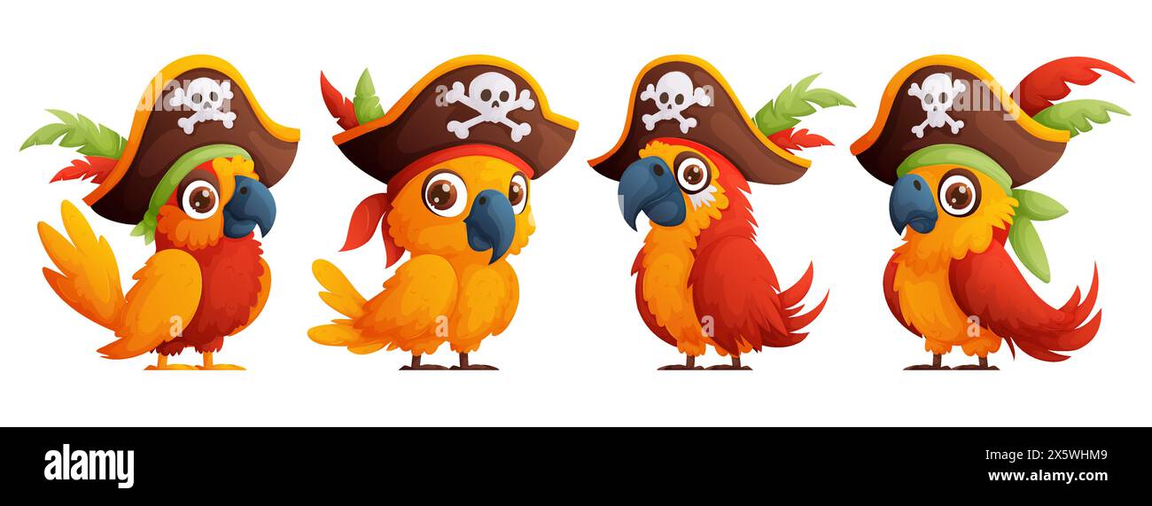 Set of cartoon pirate birds in a ship captains hat. A cute and bright ...
