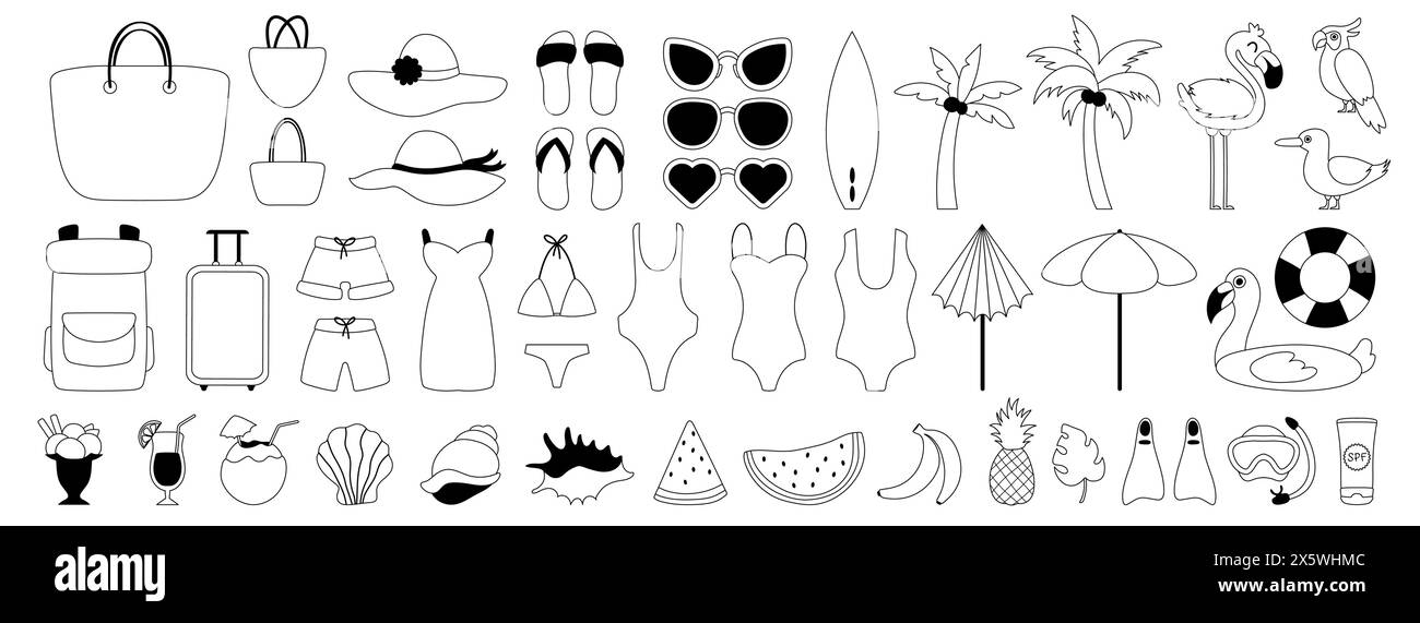 Large set of elements on the theme of summer, travel and vacation. Black line icons. Swimsuits, shells and summer drinks. Hats, sunglasses and bags Stock Vector