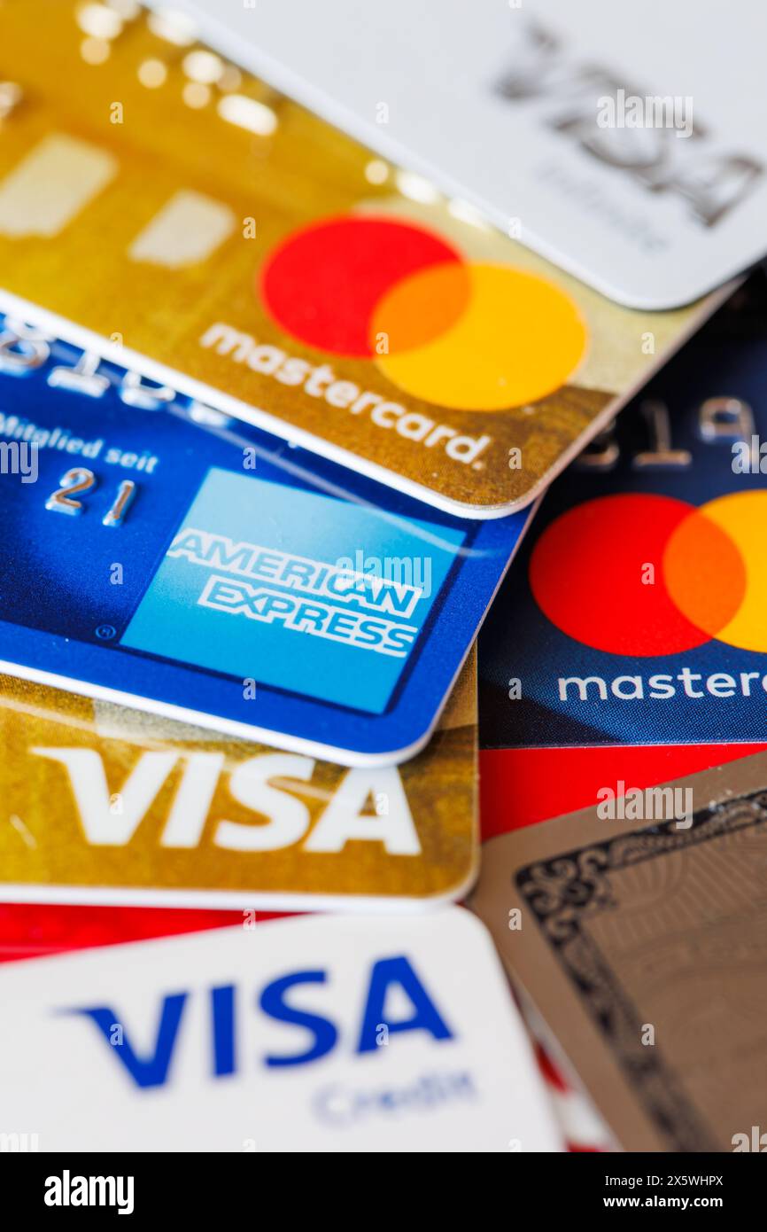Stuttgart, Germany - May 1, 2024: Credit cards from VISA, Mastercard ...