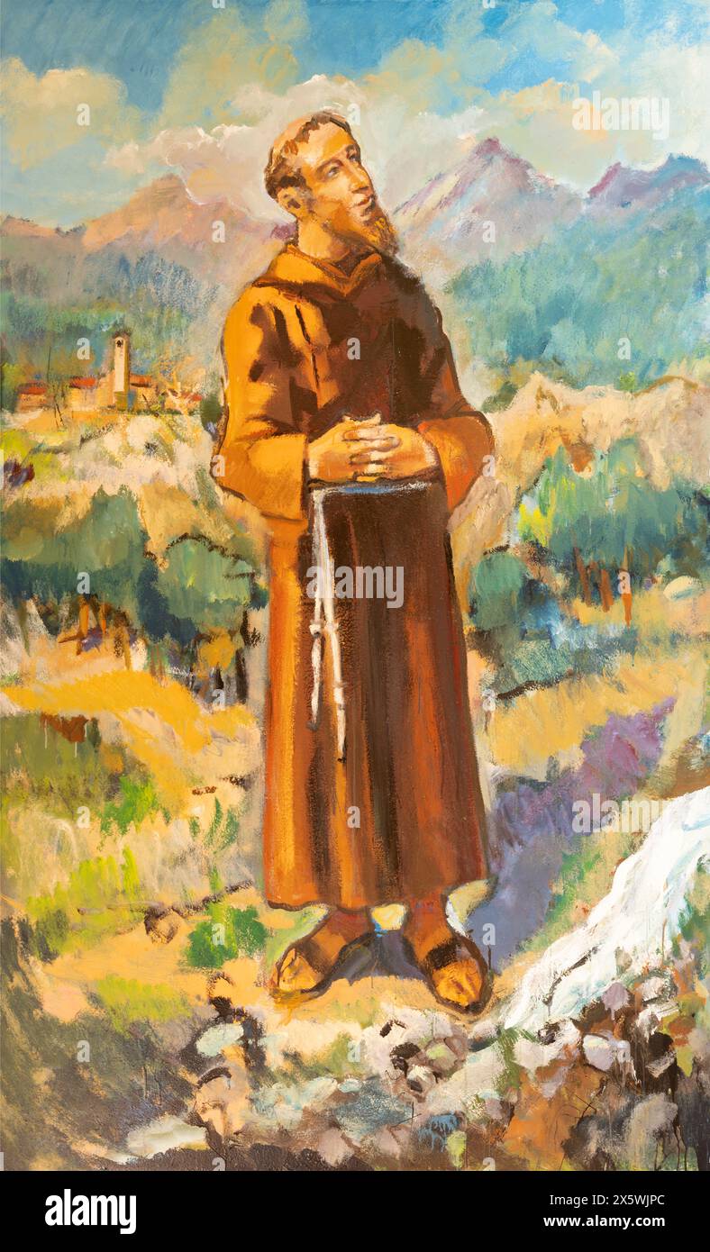Title: MILAN, ITALY - MARCH 6, 2024: The painting of St. Francis of Assisi in the church Chiesa del Sacro Cuore. Stock Photo
