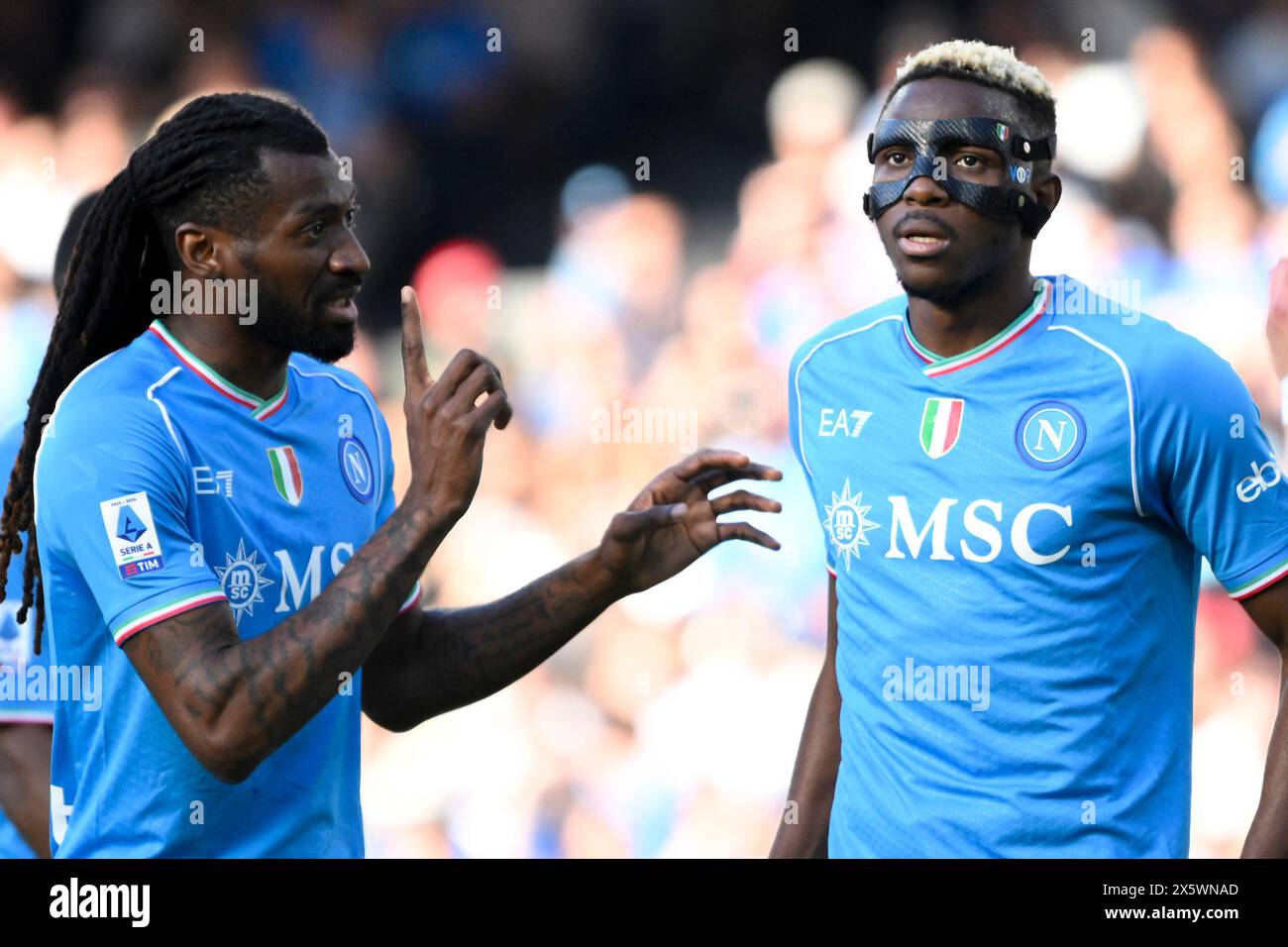 Naples, Italy. 11th May, 2024. Andre-Frank Zambo Anguissa and Victor Osimhen of SSC Napoli during the Serie A football match between SSC Napoli and Bologna FC at Diego Armando Maradona stadium in Naples (Italy), May 11th, 2024. Credit: Insidefoto di andrea staccioli/Alamy Live News Stock Photo
