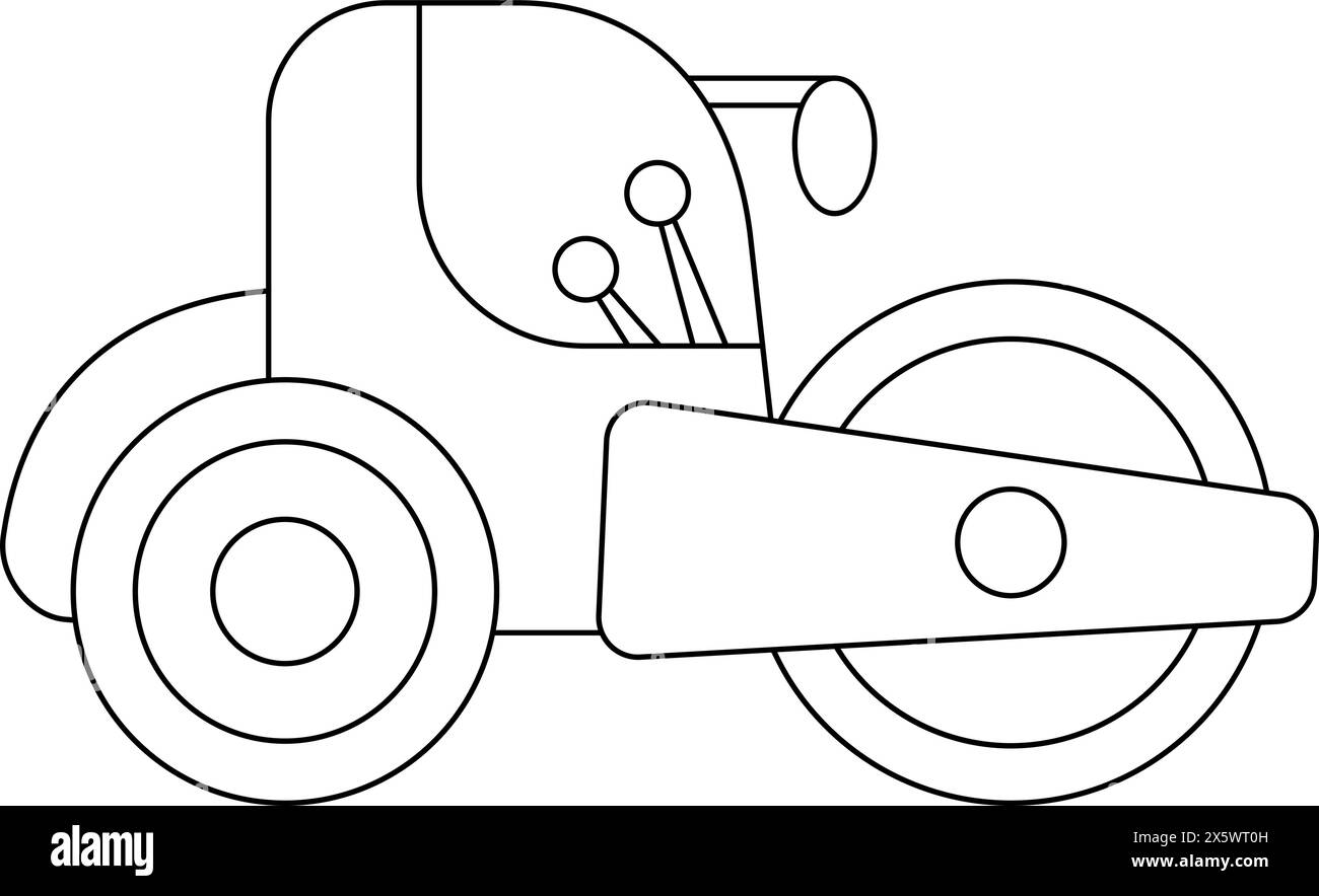 Vector black and white roller car. Construction site, road work flat