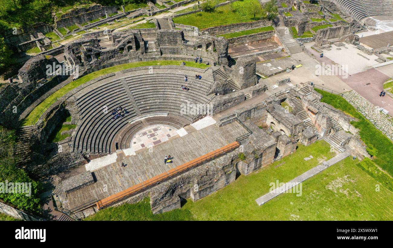 Aerial view of Ancient Theatre of Fourvière, and The Odeon of Lyon. France. it was an ancient Roman theatre inscribed on the UNESCO Stock Photo