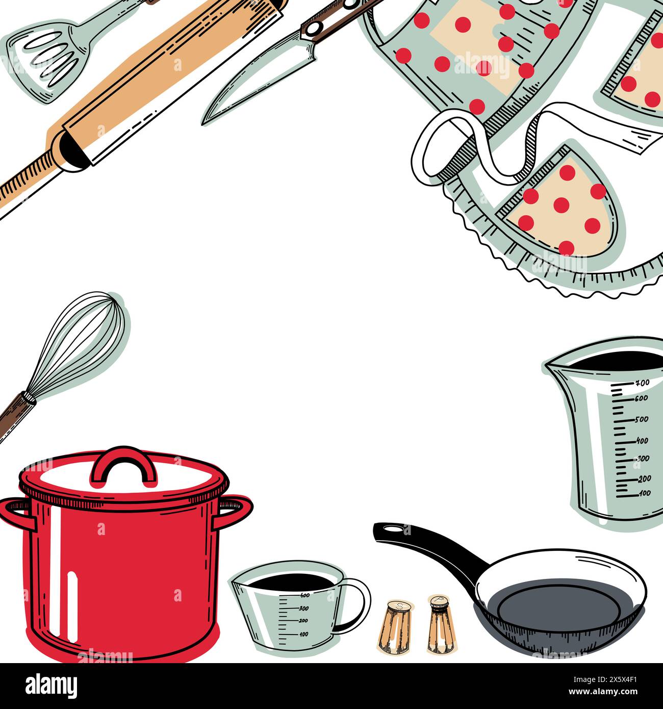 Frame with kitchen utensils: red saucepan, frying pan, polka dot apron, whisk, knife, salt shaker, pepper mill, cooking spatula, whisk. Stock Vector