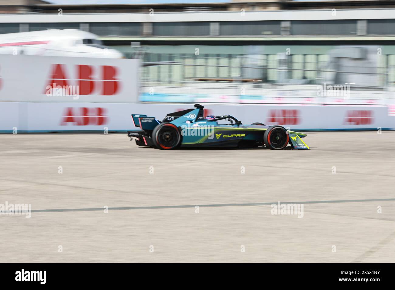 Germany, Berlin, May 11, 2024. Racing cars on the race track from  Round 9 of the 2023/24 ABB FIA Formula E Championship. The Berlin E-Prix 2024 will be in Berlin on May 11th and 12th, 2024 with a double race for the tenth time. The 2023/2024 electric racing series will take place at the former Tempelhof Airport. Credit: Sven Struck/Alamy Live News Stock Photo