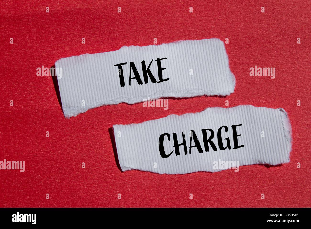 Take charge words written on ripped white paper pieces with red background. Conceptual take charge symbol. Copy space. Stock Photo