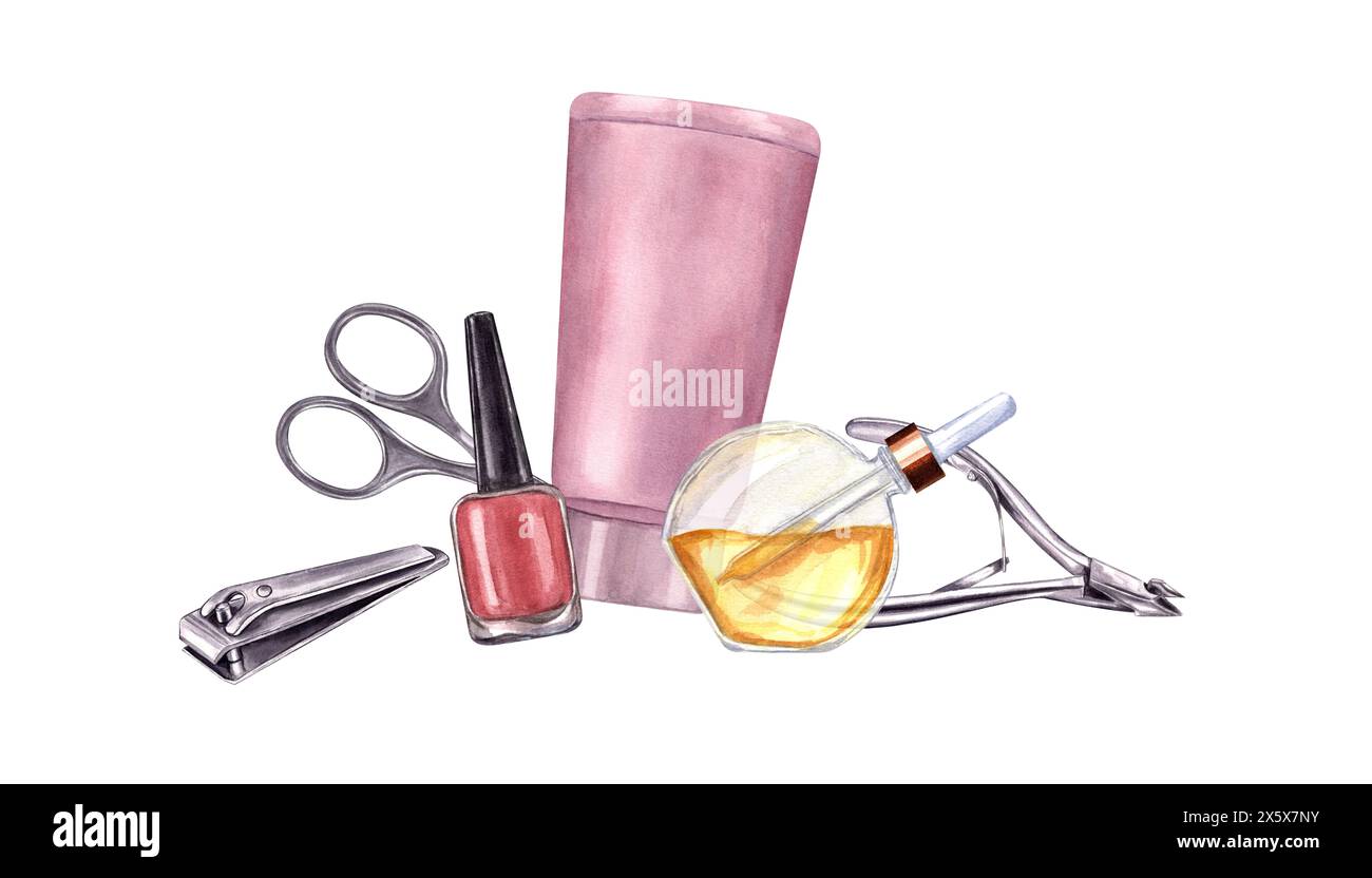 Manicure tools. Nail care accessories. Hand cream, cosmetic oil, metallic cuticle trimmer, nail clippers and scissors. Red nail polish. Stock Photo