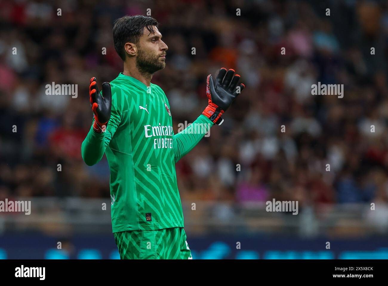 Milan, Italy. 11th May, 2024. Marco Sportiello of AC Milan reacts during Serie A 2023/24 football match between AC Milan and Cagliari Calcio at San Siro Stadium, Milan, Italy on May 11, 2024 Credit: Independent Photo Agency/Alamy Live News Stock Photo