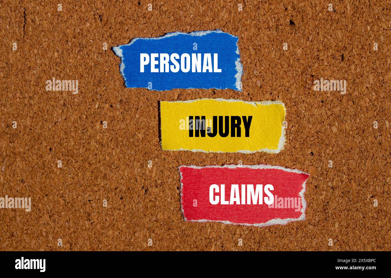 Personal injury claims words written on ripped paper pieces with brown background. Conceptual personal injury claims symbol. Copy space. Stock Photo