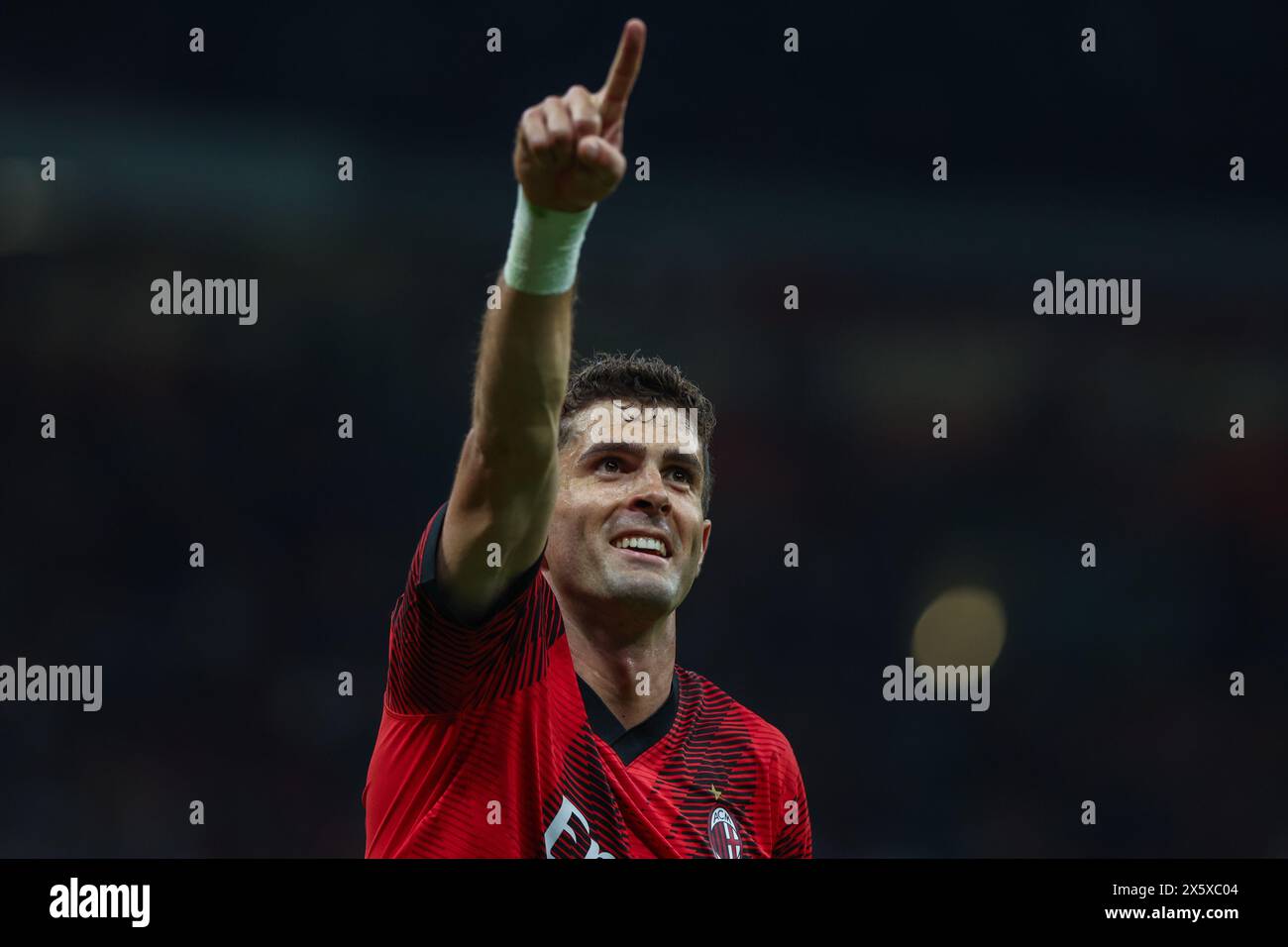Milan, Italy. 11th May, 2024. Christian Pulisic of AC Milan celebrates after scoring a goal during Serie A 2023/24 football match between AC Milan and Cagliari Calcio at San Siro Stadium, Milan, Italy on May 11, 2024 Credit: Independent Photo Agency/Alamy Live News Stock Photo