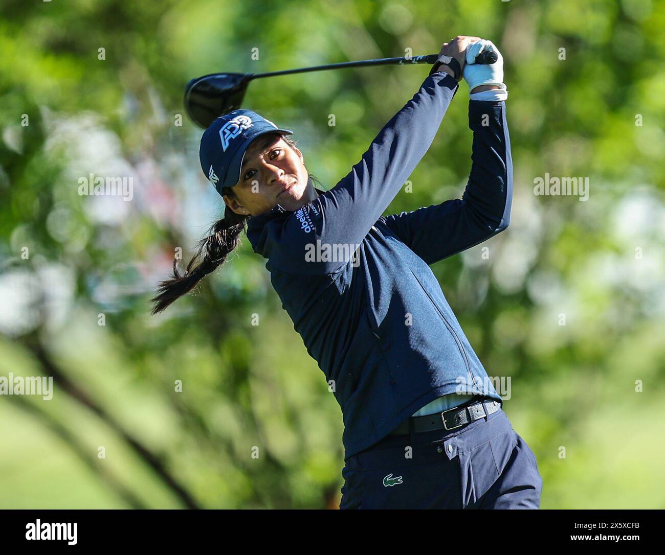 Clifton, NJ, USA. 11th May, 2024. Celine Boutier of France tees off at the second hole during the third round at the Cognizant Founders Cup at the Upper Montclair Country Club in Clifton, NJ. Mike Langish/CSM/Alamy Live News Stock Photo