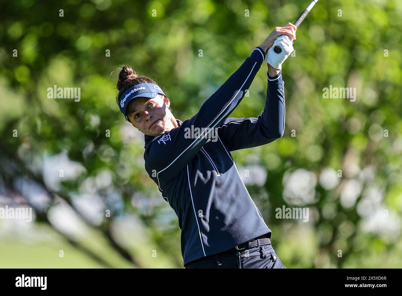 Clifton, NJ, USA. 11th May, 2024. Esther Henseleit of Germany tees off at the second hole during the third round at the Cognizant Founders Cup at the Upper Montclair Country Club in Clifton, NJ. Mike Langish/CSM/Alamy Live News Stock Photo