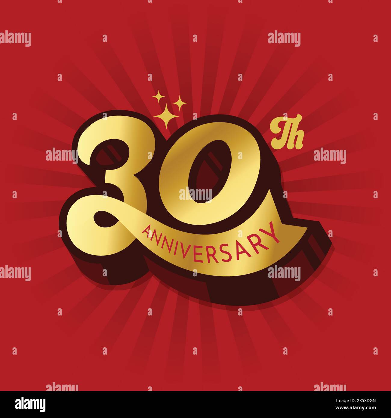 Gold color 30th anniversary logo for celebrate company or person 30 years birthday. Thirty years anniversary luxury logo on red color background. 50th Stock Vector
