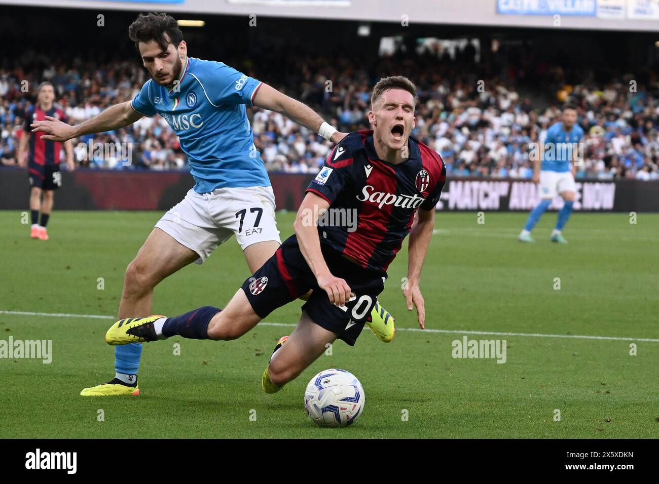 Naples, Italy. 11th May, 2024. Khvicha Kvaratskhelia of SSC Napoli and Michel Aebischer of Bologna F.C. during the 36th day of the Serie A Championship between S.S.C Napoli vs Bologna F.C., 11 May 2024 at Diego Armando Maradona Stadium, Naples, Italy. Credit: Independent Photo Agency/Alamy Live News Stock Photo