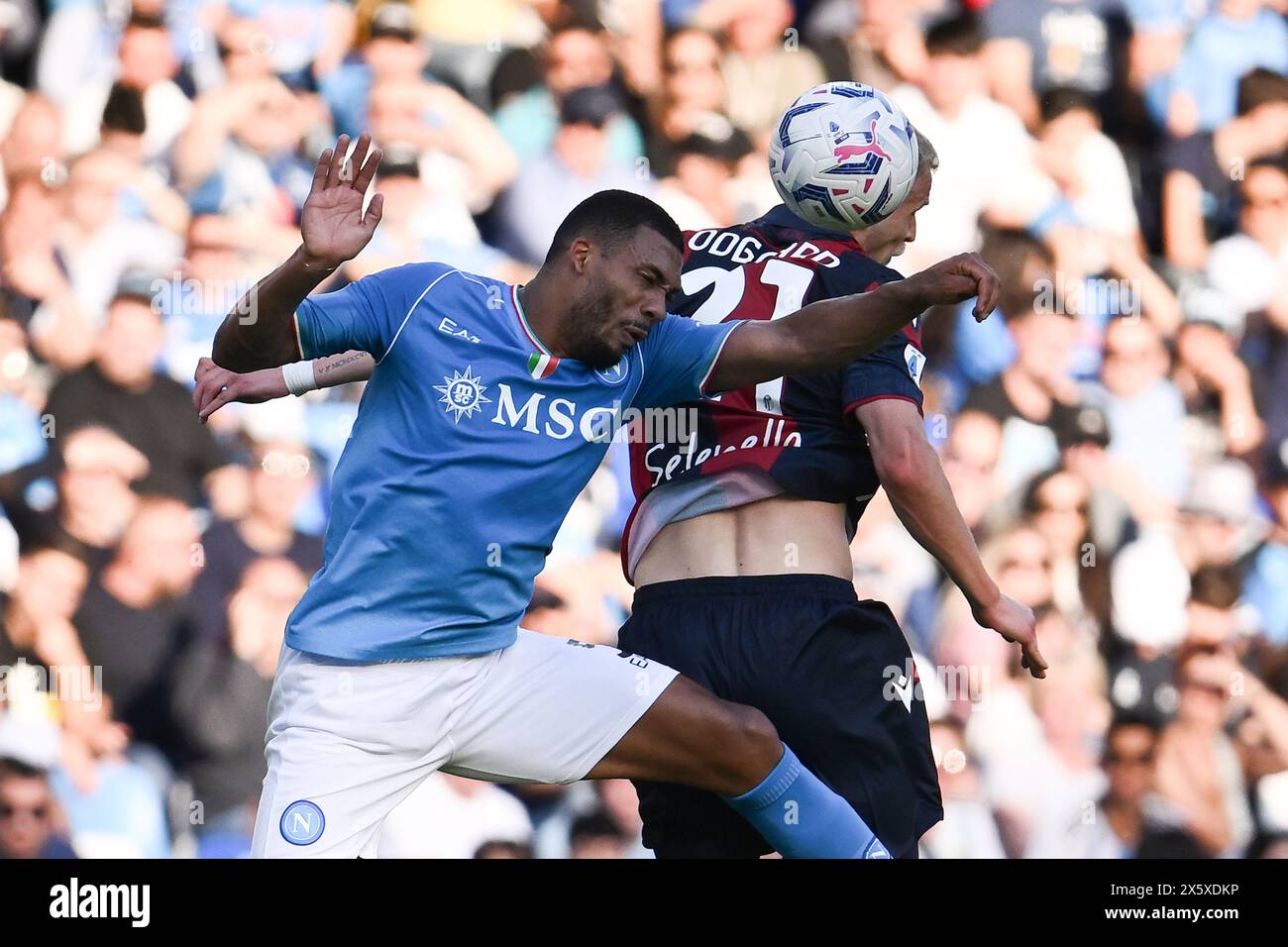 Naples, Italy. 11th May, 2024. Juan Jesus of SSC Napoli and Jens Odgaard of Bologna F.C. during the 36th day of the Serie A Championship between S.S.C Napoli vs Bologna F.C., 11 May 2024 at Diego Armando Maradona Stadium, Naples, Italy. Credit: Independent Photo Agency/Alamy Live News Stock Photo