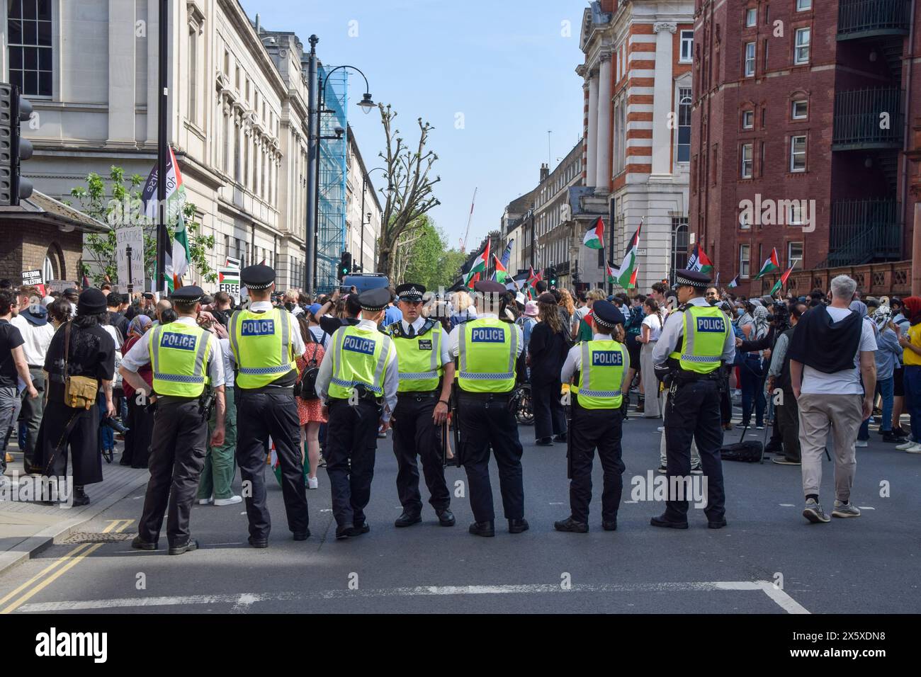 London, UK. 11th May 2024. Protesters outside UCL. Pro-Palestine protesters marched from SOAS (School of Oriental and African Studies) to UCL (University College London), both part of the University of London, as Israel continues its attacks on Gaza. Credit: Vuk Valcic/Alamy Live News Stock Photo