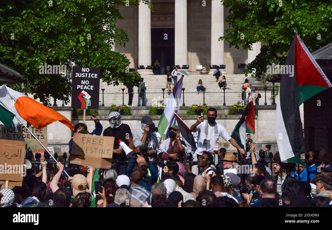 London, UK. 11th May 2024. Protesters outside UCL. Pro-Palestine protesters marched from SOAS (School of Oriental and African Studies) to UCL (University College London), both part of the University of London, as Israel continues its attacks on Gaza. Credit: Vuk Valcic/Alamy Live News Stock Photo