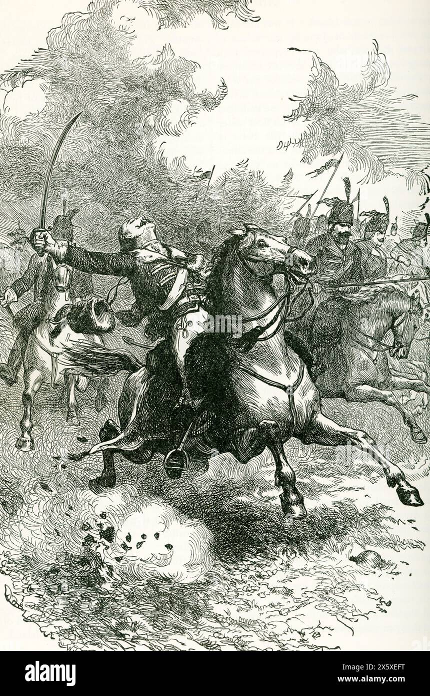This illustration shows the charge of Count Pulaski. Casimir Pulaski (1745-1779), a Polish nobleman and soldier and commander, was recruited for the American Revolution, where he became a brigadier general in the Continental Army. Known as a “Soldier of Liberty,” he made his mark as a cavalry officer and came to be known as 'The Father of American Cavalry.' Pulaski was mortally wounded in battle at Savannah, Georgia. Stock Photo