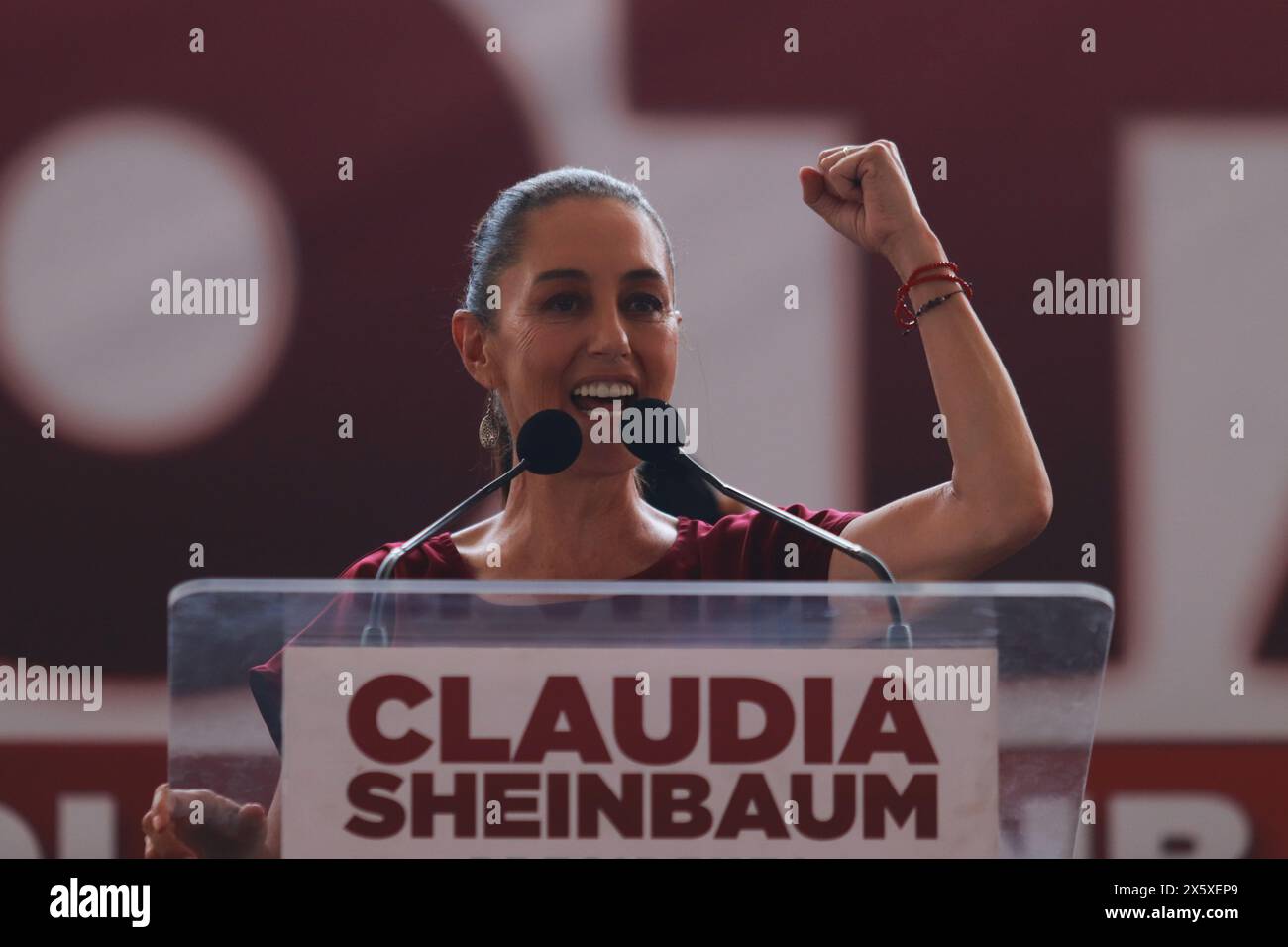 Claudia Sheinbaum Pardo, candidate for the Presidency of Mexico by the 'Sigamos Haciendo Historia' coalition, spaking during a political rally in Chalco, located east of the State of Mexico as part of her campaign tour of the State of Mexico. (Credit Image: © Carlos Santiago/eyepix via ZUMA Press Wire) EDITORIAL USAGE ONLY! Not for Commercial USAGE! Stock Photo