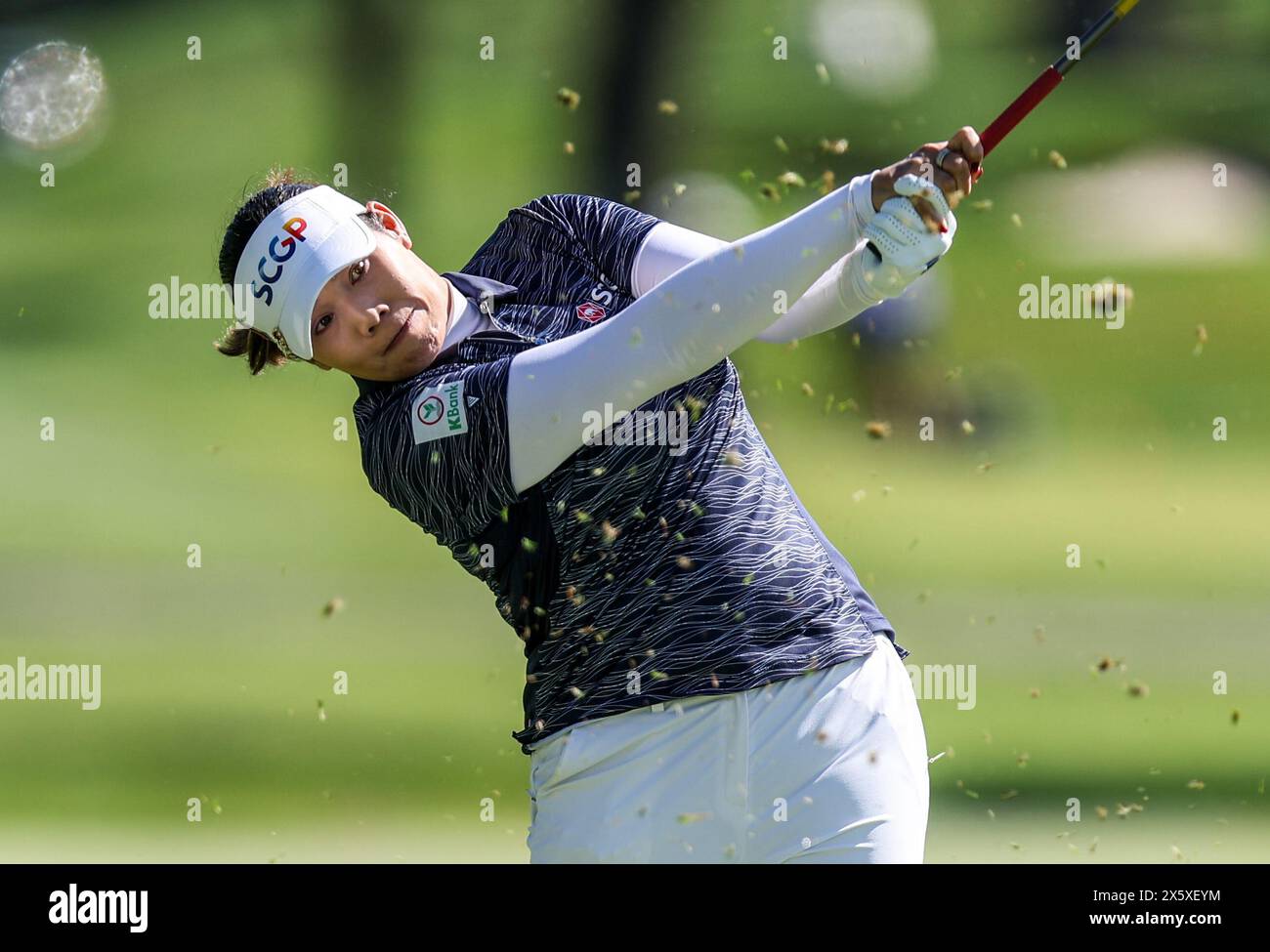 Clifton, NJ, USA. 11th May, 2024. Ariya Jutanugarn of Thailand takes her second shot from the fairway during the third round at the Cognizant Founders Cup at the Upper Montclair Country Club in Clifton, NJ. Mike Langish/CSM/Alamy Live News Stock Photo