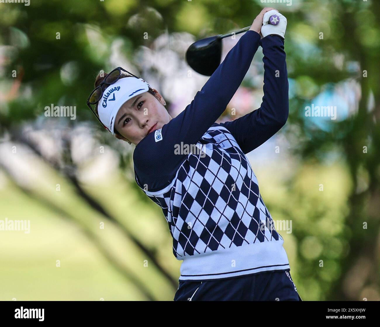 Clifton, NJ, USA. 11th May, 2024. Yuna Nishimura of Japan tees off during the third round at the Cognizant Founders Cup at the Upper Montclair Country Club in Clifton, NJ. Mike Langish/CSM (Credit Image: © Mike Langish/Cal Sport Media) (Credit Image: © Mike Langish/Cal Sport Media). Credit: csm/Alamy Live News Stock Photo