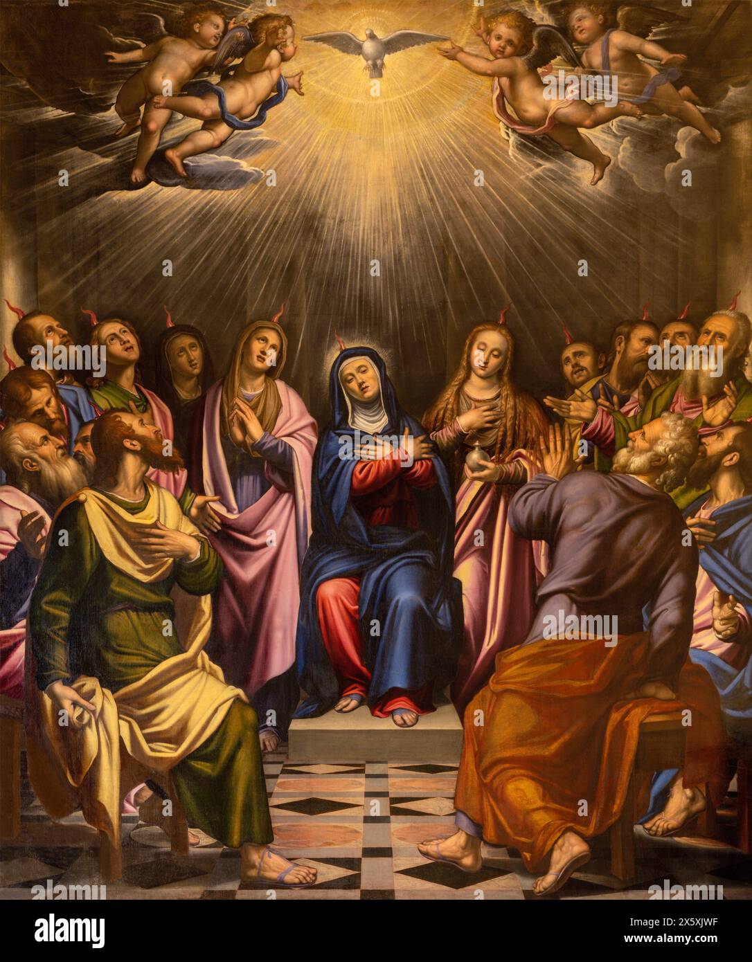 MILAN, ITALY - MARCH 6, 2024: The painting of Pentecost in the church Basilica di Santa Eufemia by Simone Peterzano (1535 – 1599). Stock Photo