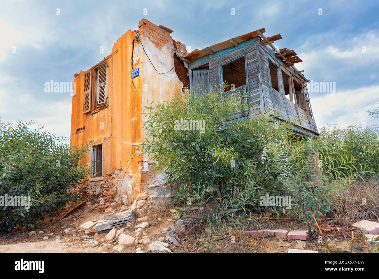 Varosha-Northern Cyprus:October 18, 2023: One of the hundreds of ruinous buildings in the abandoned city of Varosha | Kapali Maras, Famagusta, Norther Stock Photo
