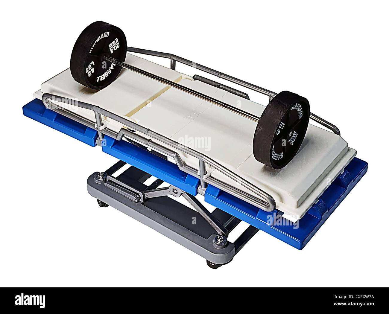 A set of weights used for weight lifting on a gurney to show exercise