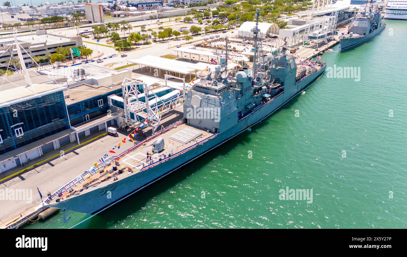 Aerial drone photo Miami Fleet Week USS navy ships at Port Miami circa ...