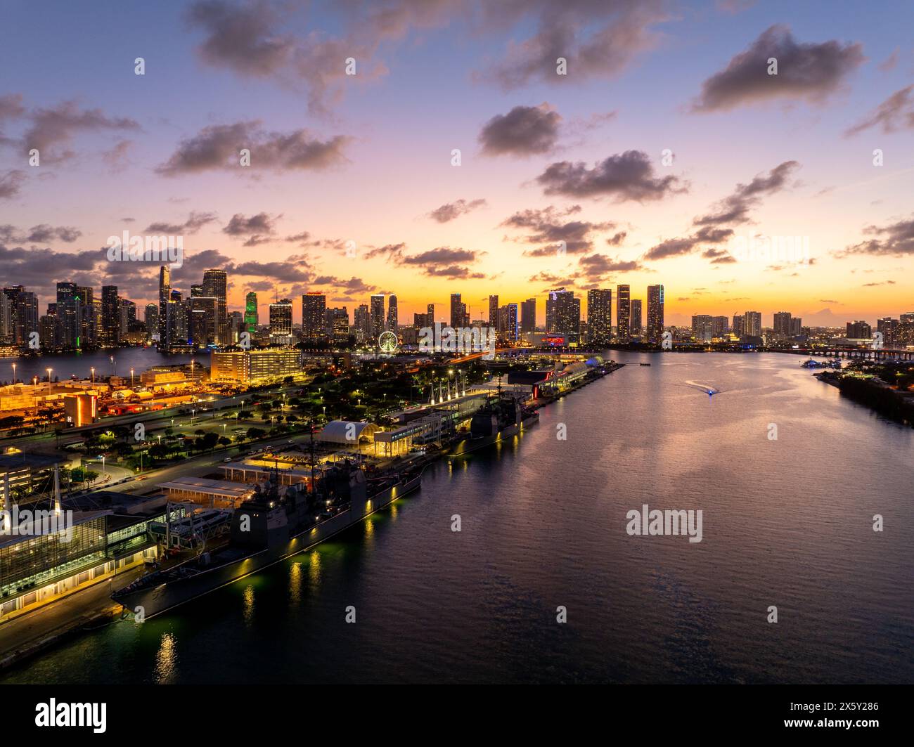 Aerial view Downtown Miami Port USS batleships Fleet Week 2024 Stock