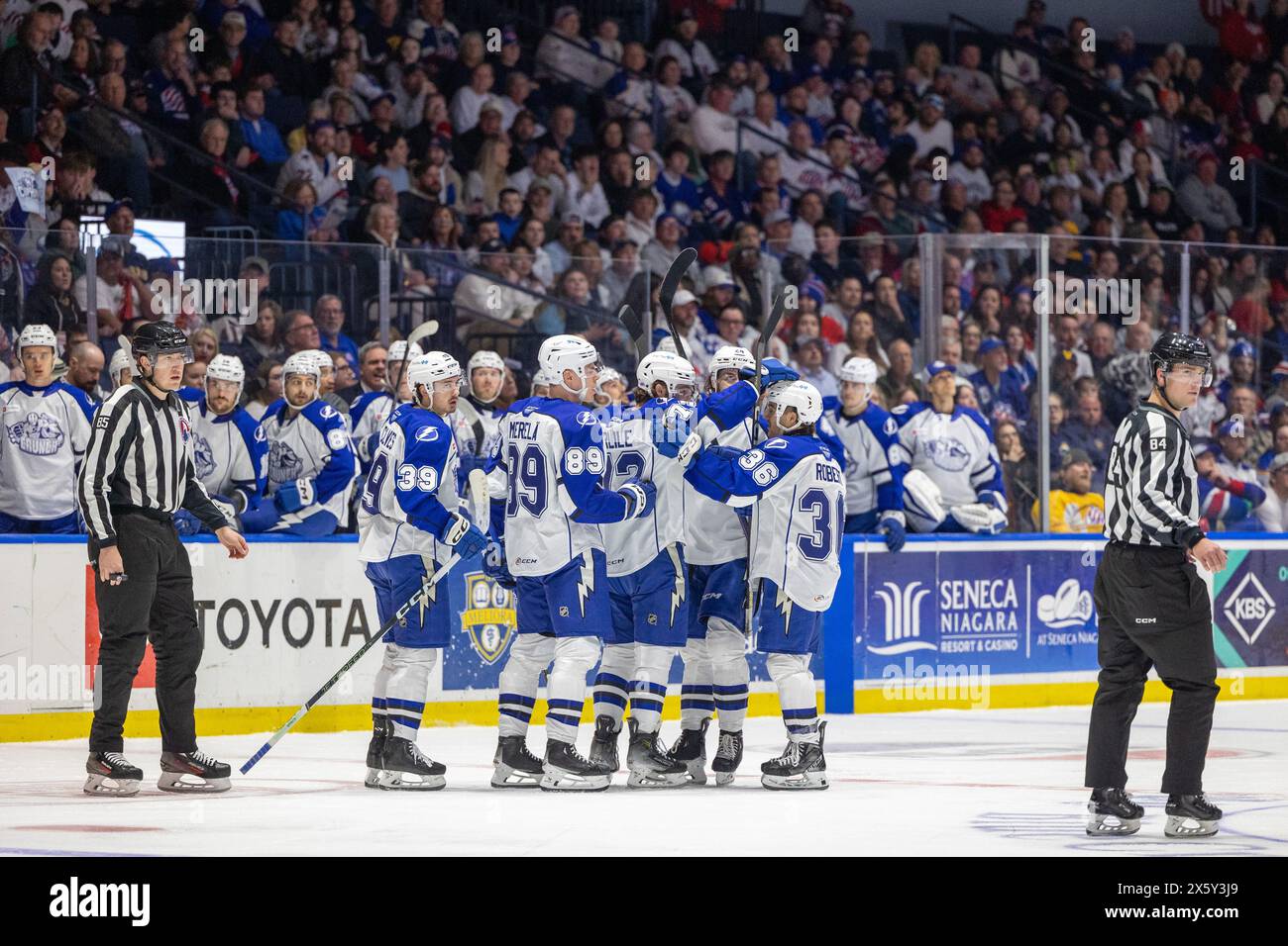May 10th, 2024: Syracuse Crunch players celebrate a goal in the first period against the Rochester Americans. The Rochester Americans hosted the Syracuse Crunch in Game 5 of the American Hockey League Northeast Division Semifinals at Blue Cross Arena in Rochester, New York. (Jonathan Tenca/CSM) (Credit Image: © Jonathan Tenca/Cal Sport Media) Stock Photo