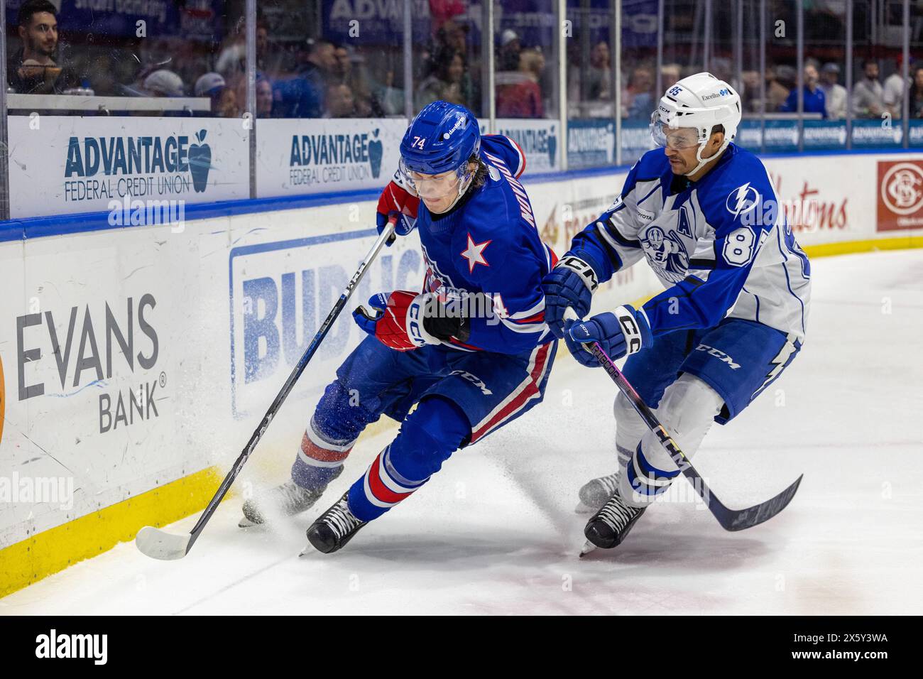 May 10th, 2024: Rochester Americans defenseman Nikita Novikov (74) battles with Syracuse Crunch forward Daniel Walcott (85) in the first period. The Rochester Americans hosted the Syracuse Crunch in Game 5 of the American Hockey League Northeast Division Semifinals at Blue Cross Arena in Rochester, New York. (Jonathan Tenca/CSM) Stock Photo