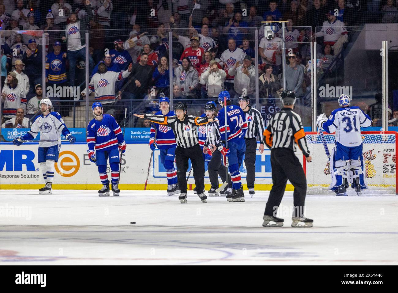 May 10th, 2024: Referee Beau Halides (48) waves off a Rochester Americans goal in the first period. The Rochester Americans hosted the Syracuse Crunch in Game 5 of the American Hockey League Northeast Division Semifinals at Blue Cross Arena in Rochester, New York. (Jonathan Tenca/CSM) Stock Photo