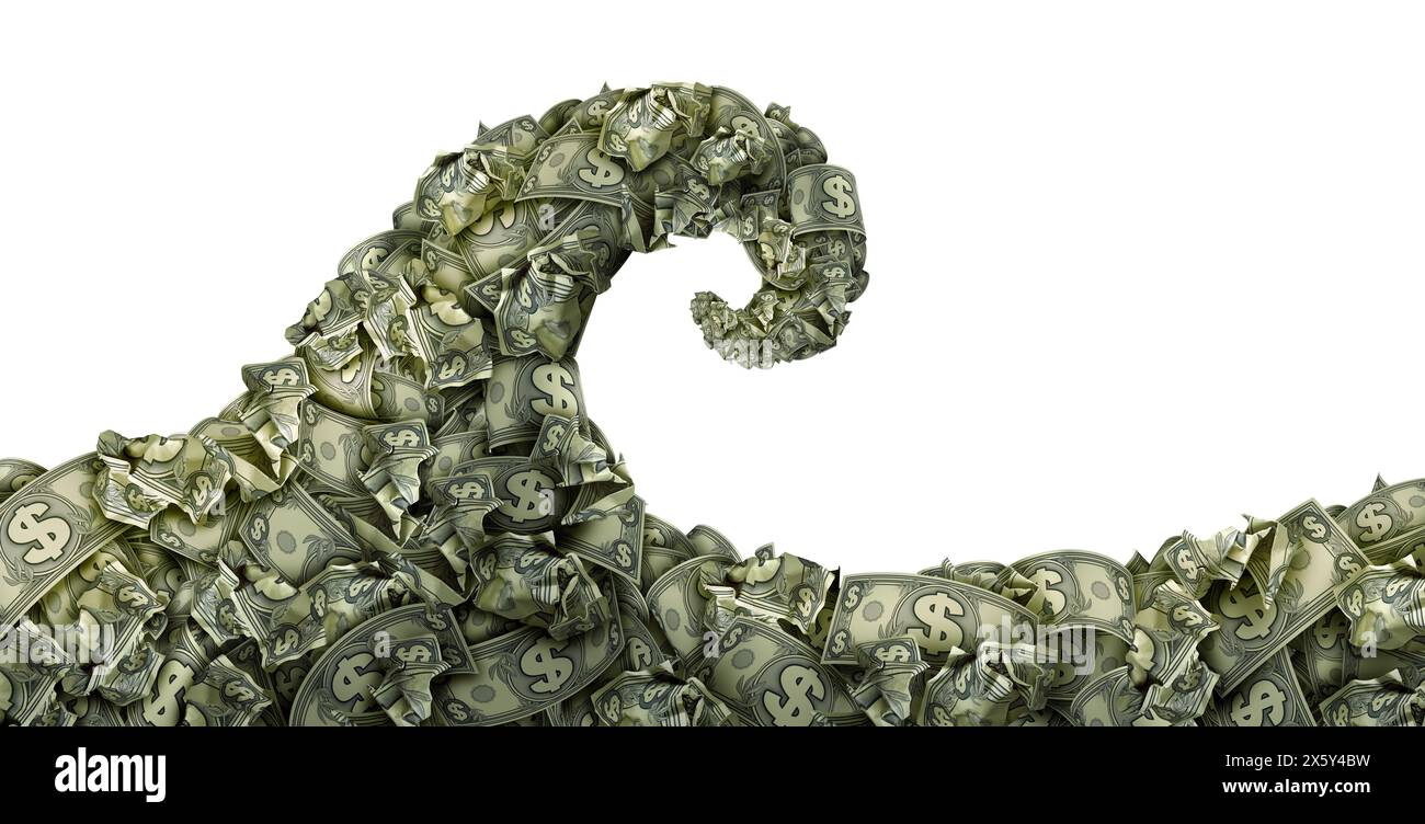 Money Wave Isolated as  a wealth and prosperity symbol representing profits and earnings and  business success as an investment icon for income stream Stock Photo